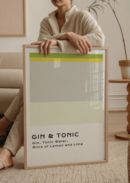 Gin &amp; Tonic içeriklerinden ilham alan sarı ve gri tonlarında minimalist kokteyl posteri