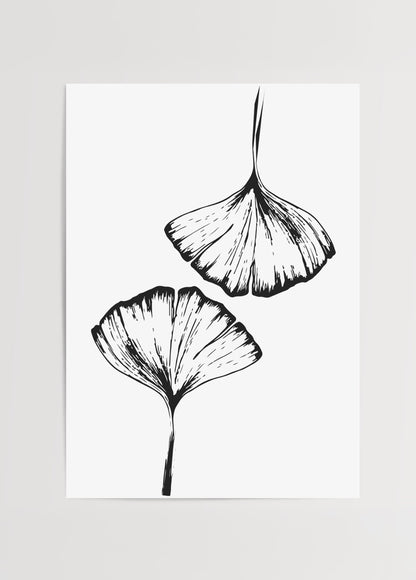 Siyah beyaz ginkgo yaprakları illüstrasyonu, minimal çizim poster