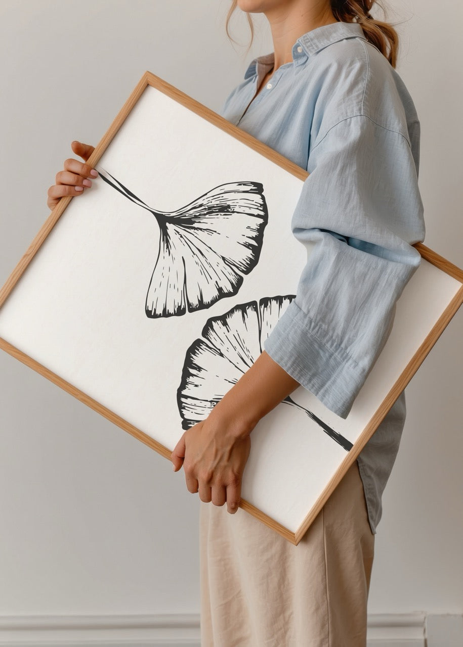 Siyah beyaz ginkgo yaprakları illüstrasyonu, minimal çizim poster