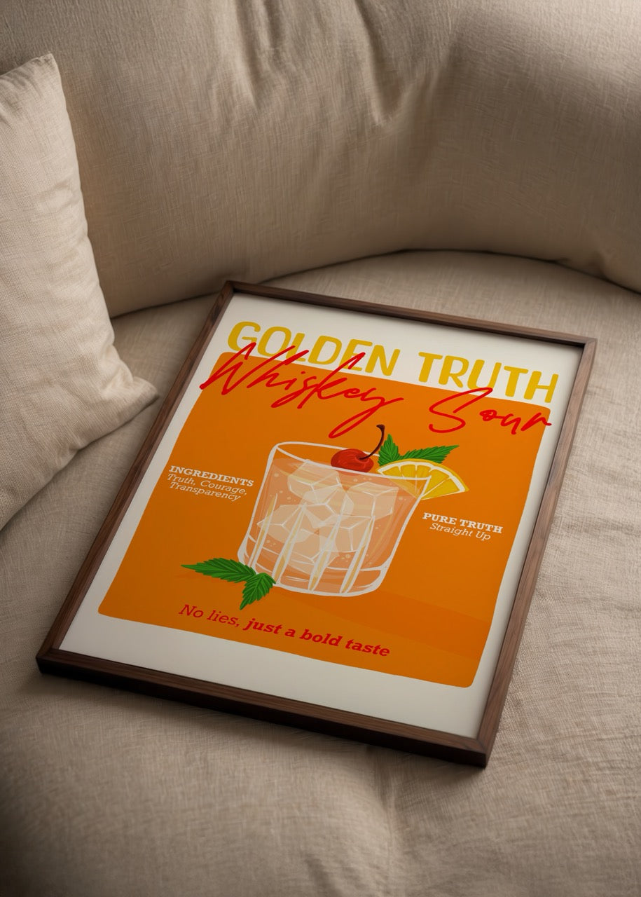 Merve Pınar Yeşilyurt imzalı Golden Truth Whiskey Sour posteri, turuncu-sarı tonlarında retro kokteyl temalı yazı ve illüstrasyon tasarımı.