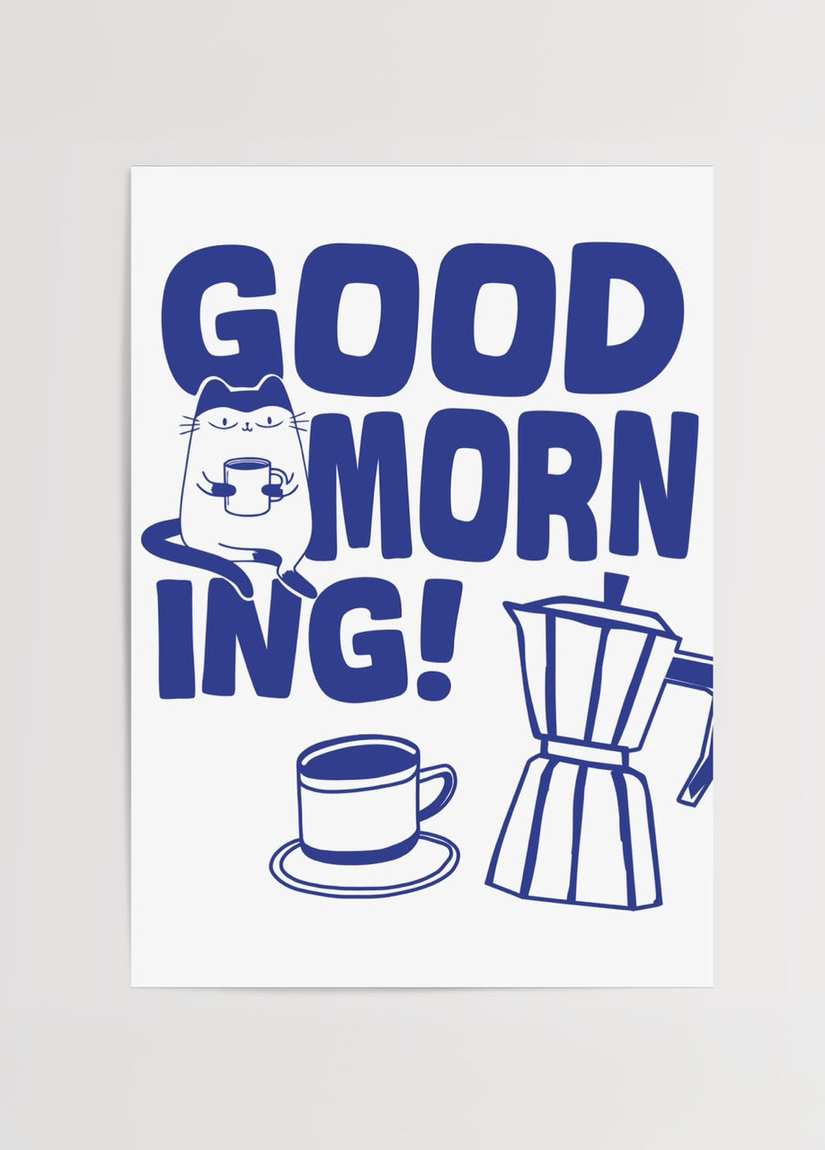 Kahve kupası tutan sevimli bir kedi, moka pot ve fincan çizimleriyle hazırlanan eğlenceli Good Morning yazılı illüstrasyon posteri.