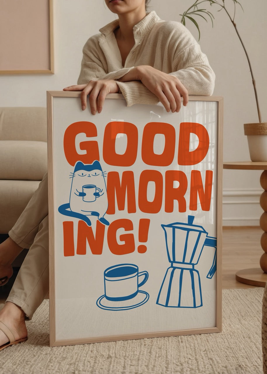 Turuncu Good Morning yazısı, kahve kupası tutan kedi, moka pot ve fincan çizimleriyle hazırlanan enerjik illüstrasyon posteri.