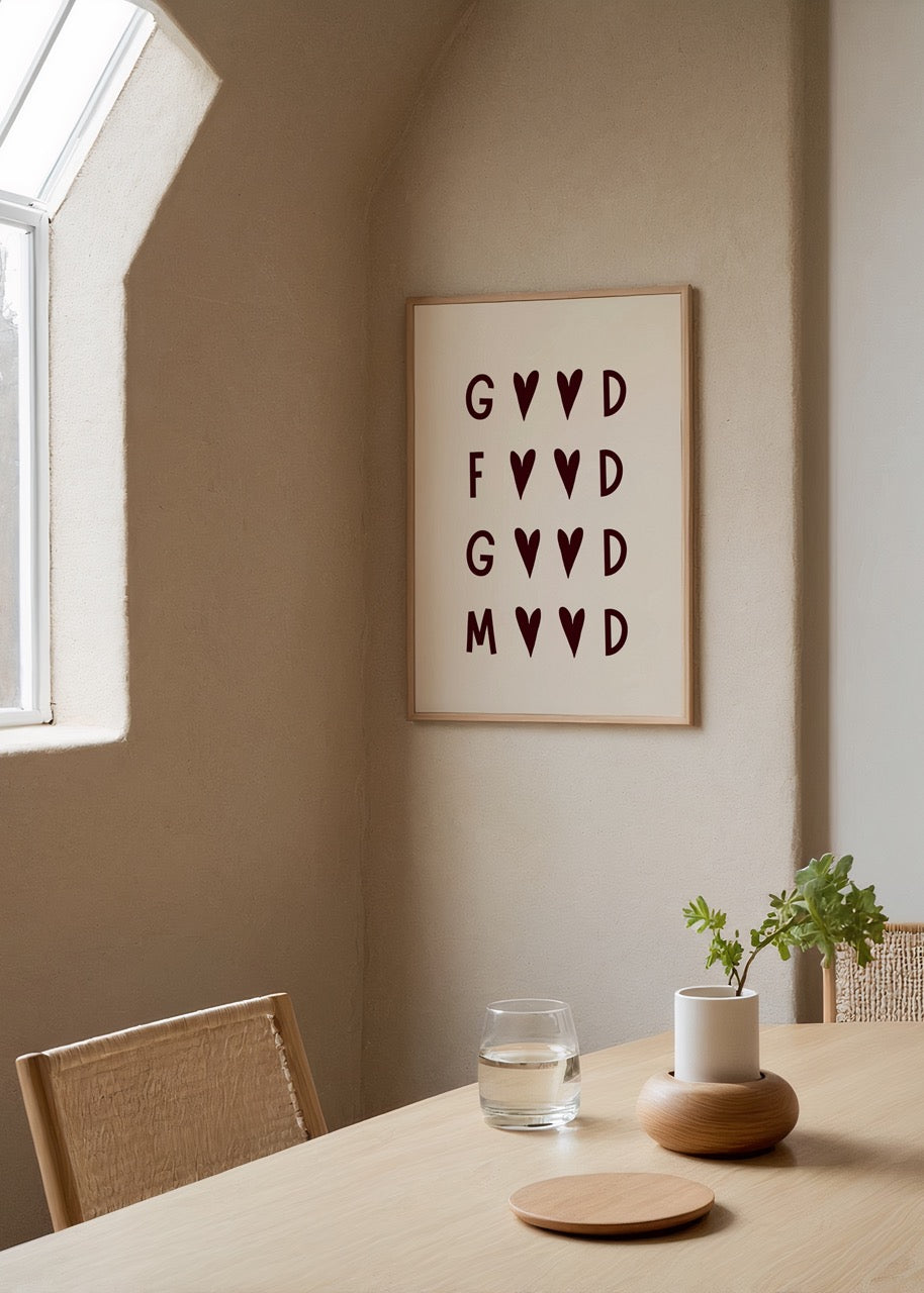 Good vibes yazılı kalp ikonlu minimal tipografi poster baskı tasarımı