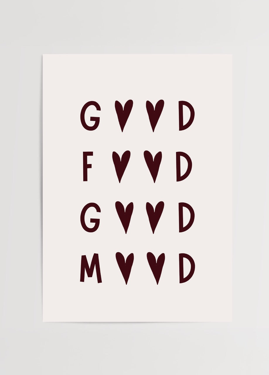 Good vibes yazılı kalp ikonlu minimal tipografi poster baskı tasarımı