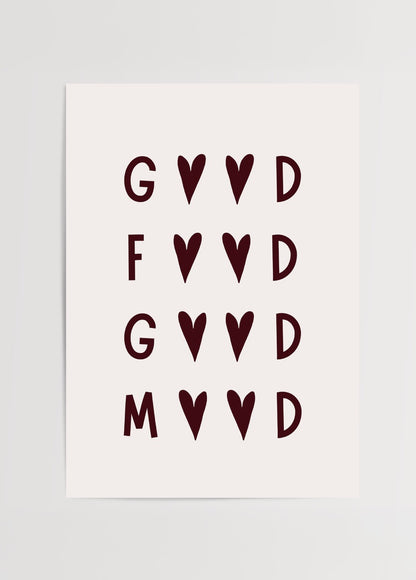 Good vibes yazılı kalp ikonlu minimal tipografi poster baskı tasarımı