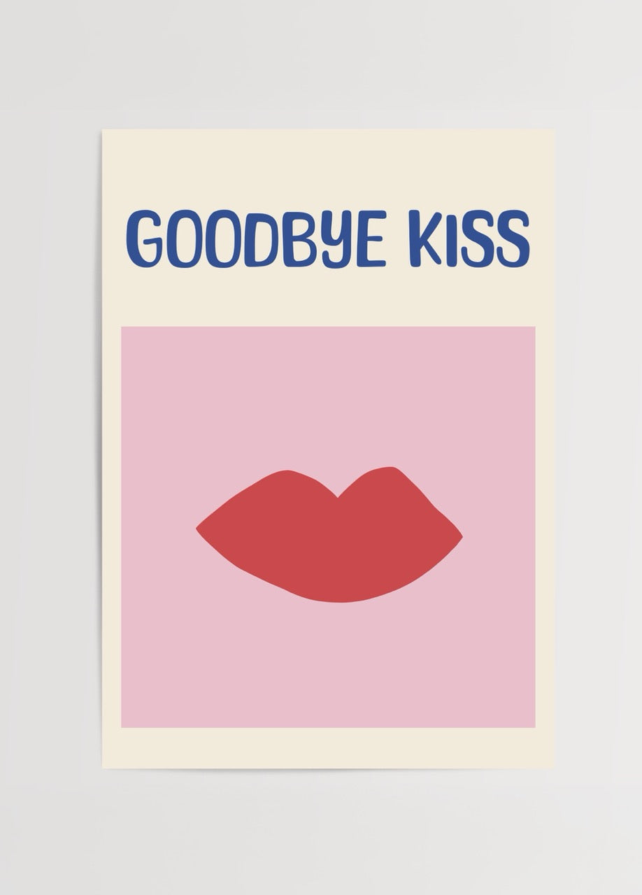Goodbye Kiss poster baskı, kırmızı dudak illüstrasyonlu pastel pembe modern tipografi duvar dekoru