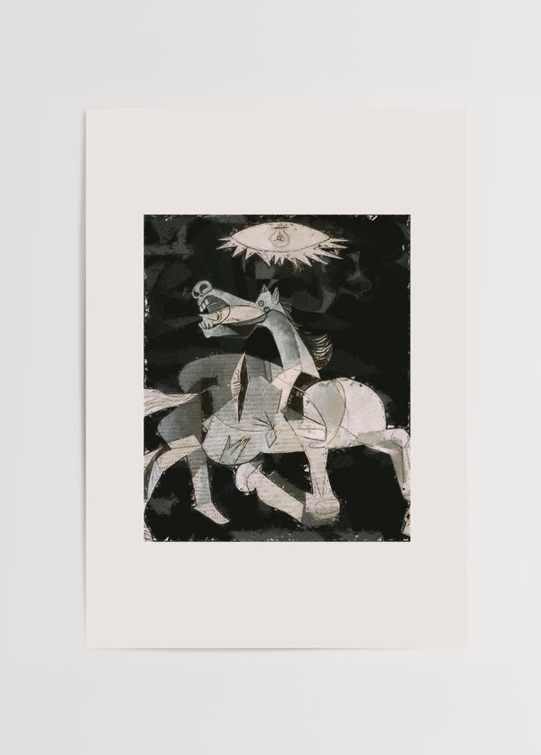 Pablo Picasso'nun Guernica eserinden ilham alınarak tasarlanmış, siyah fon üzerine stilize at figürlü modern sanat posteri