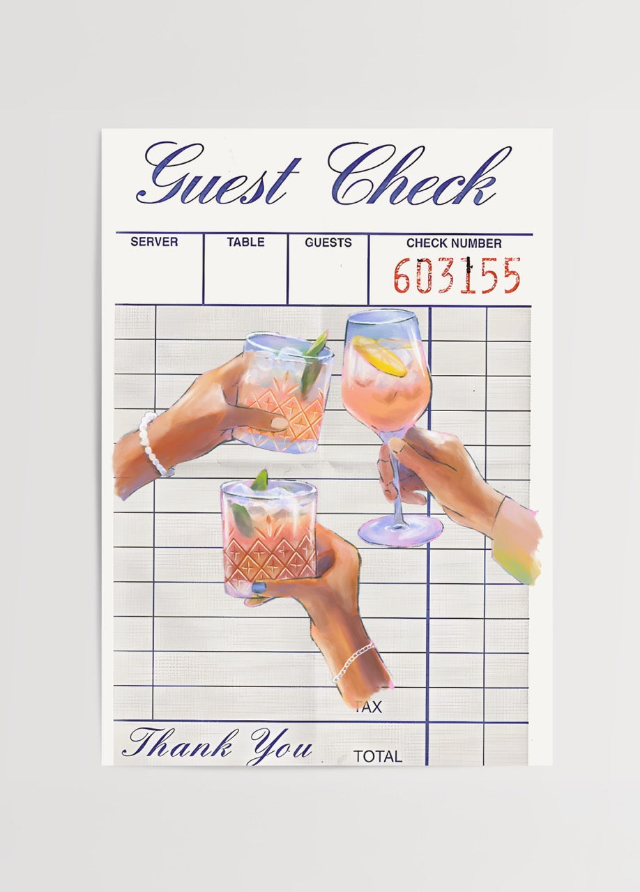 Üç farklı kokteyl kadehinin bulunduğu retro restoran fişi tasarımlı modern illüstrasyon duvar posteri
