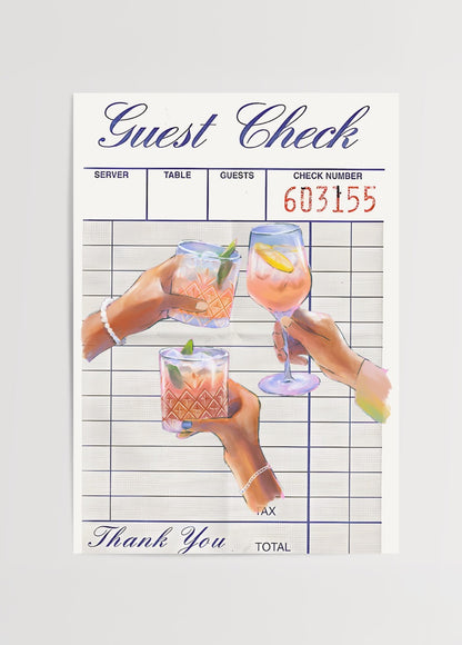 Üç farklı kokteyl kadehinin bulunduğu retro restoran fişi tasarımlı modern illüstrasyon duvar posteri