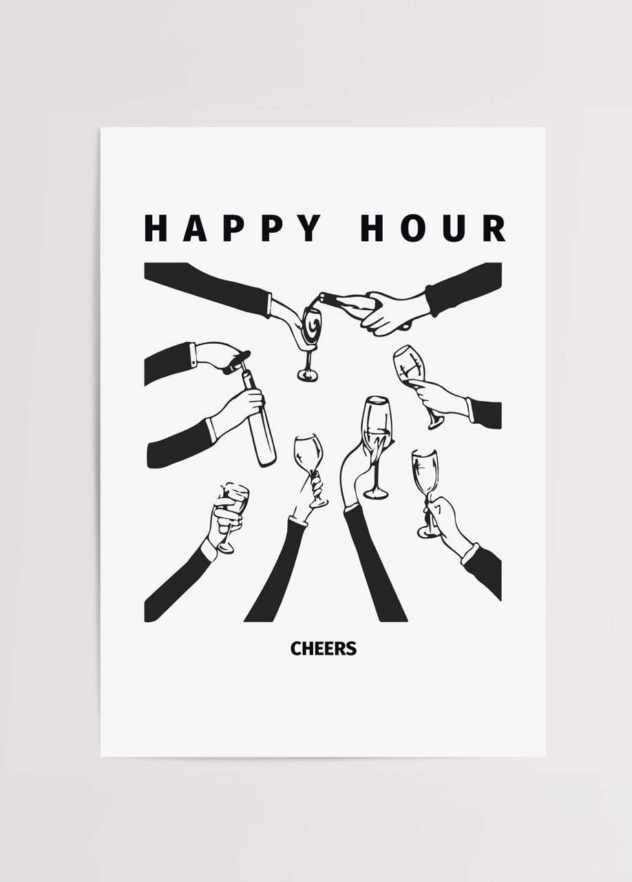 Birden fazla elin kadeh kaldırdığı happy hour temalı siyah beyaz çizim poster baskı.