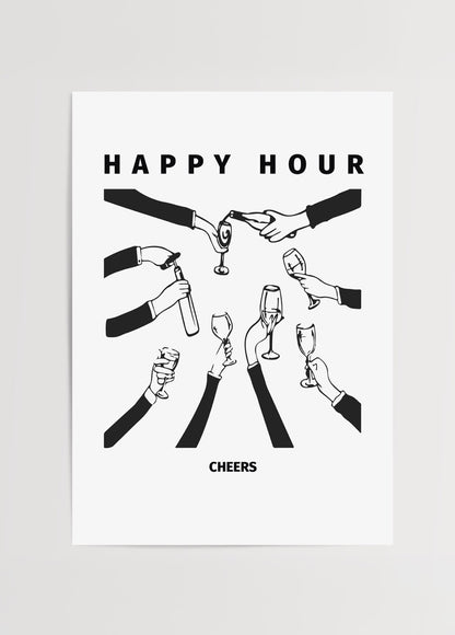 Birden fazla elin kadeh kaldırdığı happy hour temalı siyah beyaz çizim poster baskı.