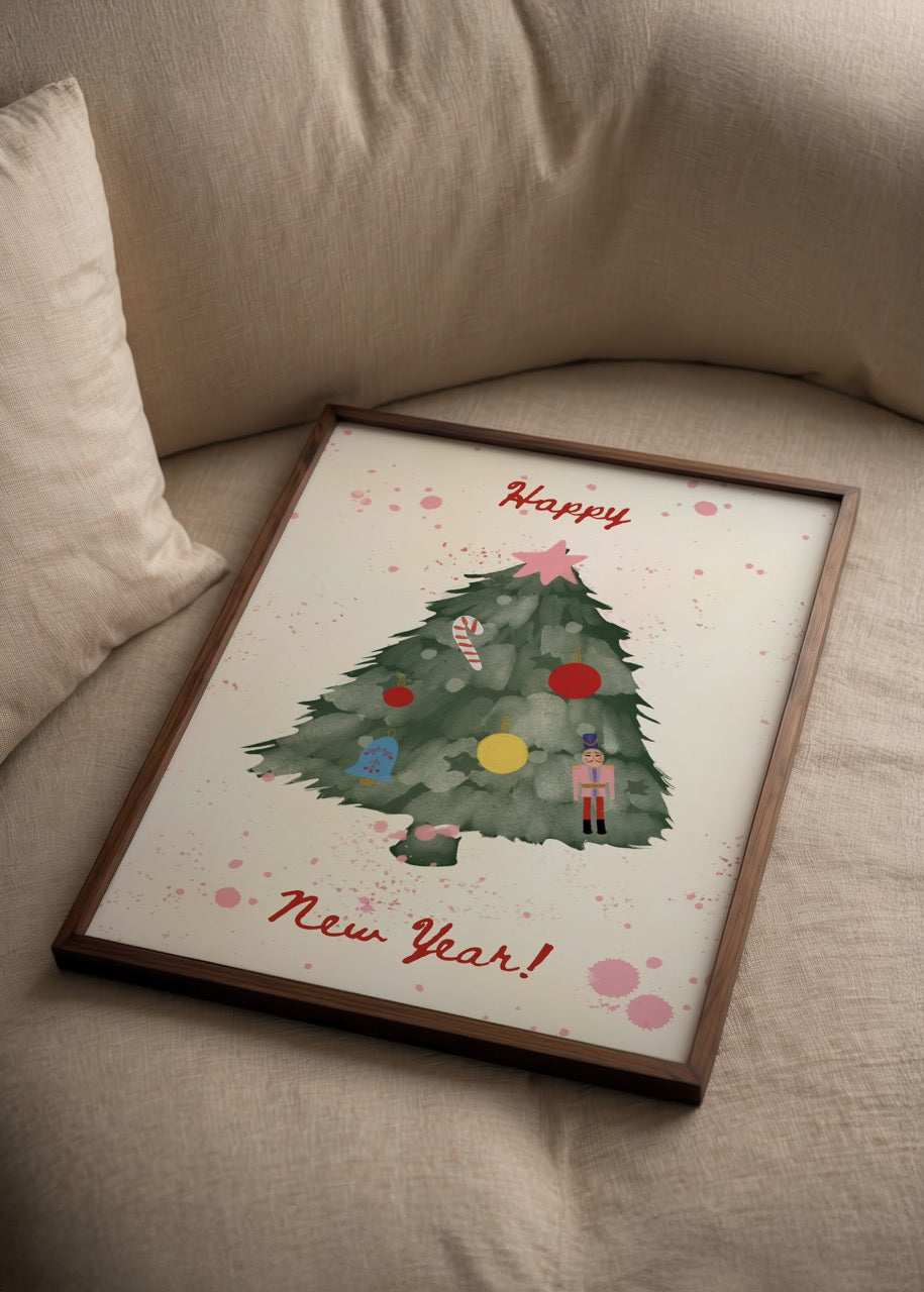 Pastel tonlarda süslenmiş çam ağacı illüstrasyonuyla hazırlanmış yılbaşı temalı poster