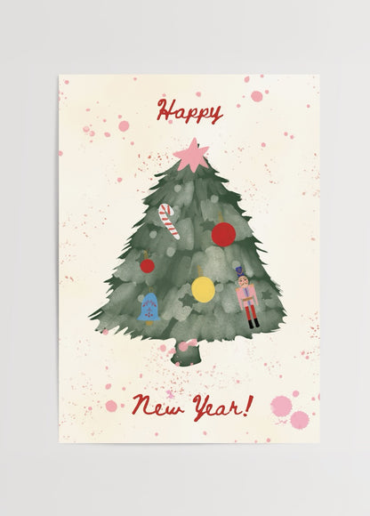 Pastel tonlarda süslenmiş çam ağacı illüstrasyonuyla hazırlanmış yılbaşı temalı poster