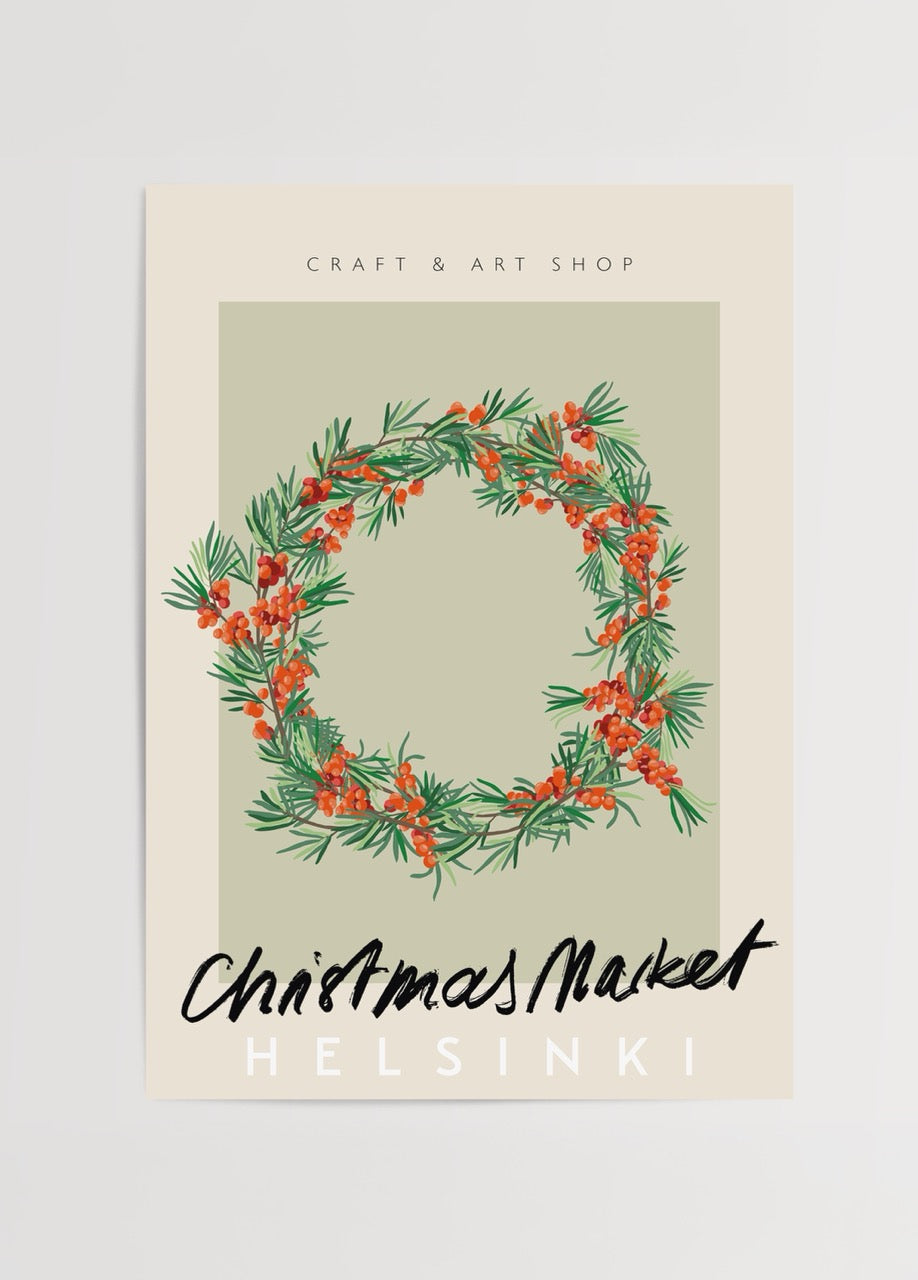 Yılbaşı temalı Helsinki Christmas Market posteri, çelenk illüstrasyonlu