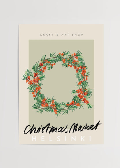 Yılbaşı temalı Helsinki Christmas Market posteri, çelenk illüstrasyonlu