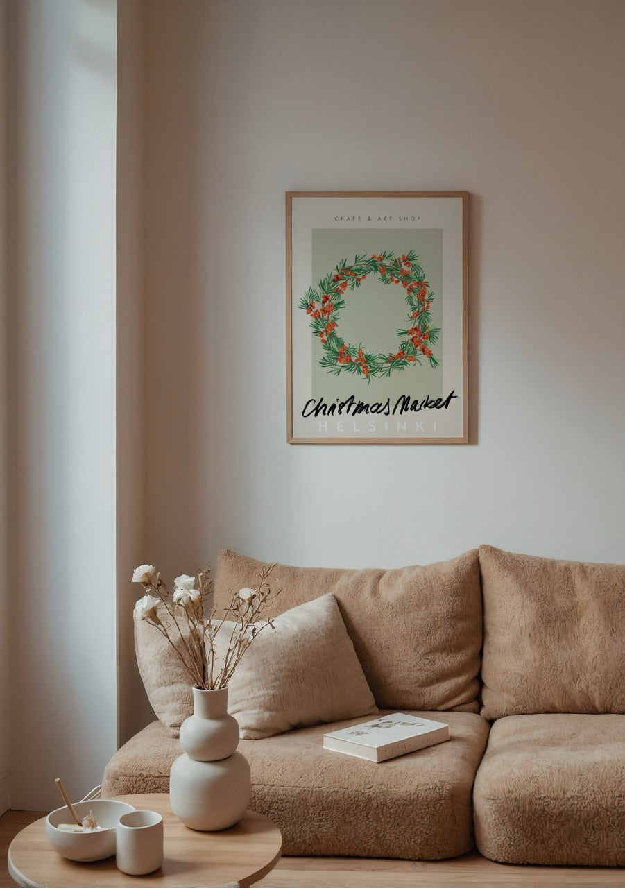 Yılbaşı temalı Helsinki Christmas Market posteri, çelenk illüstrasyonlu