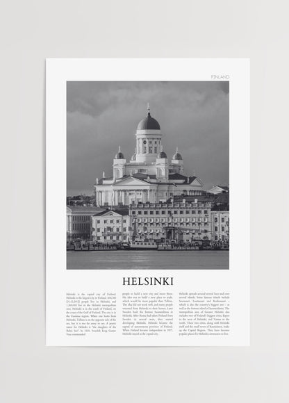 Baltık kıyısında Helsinki Katedrali’nin yer aldığı siyah beyaz şehir posteri