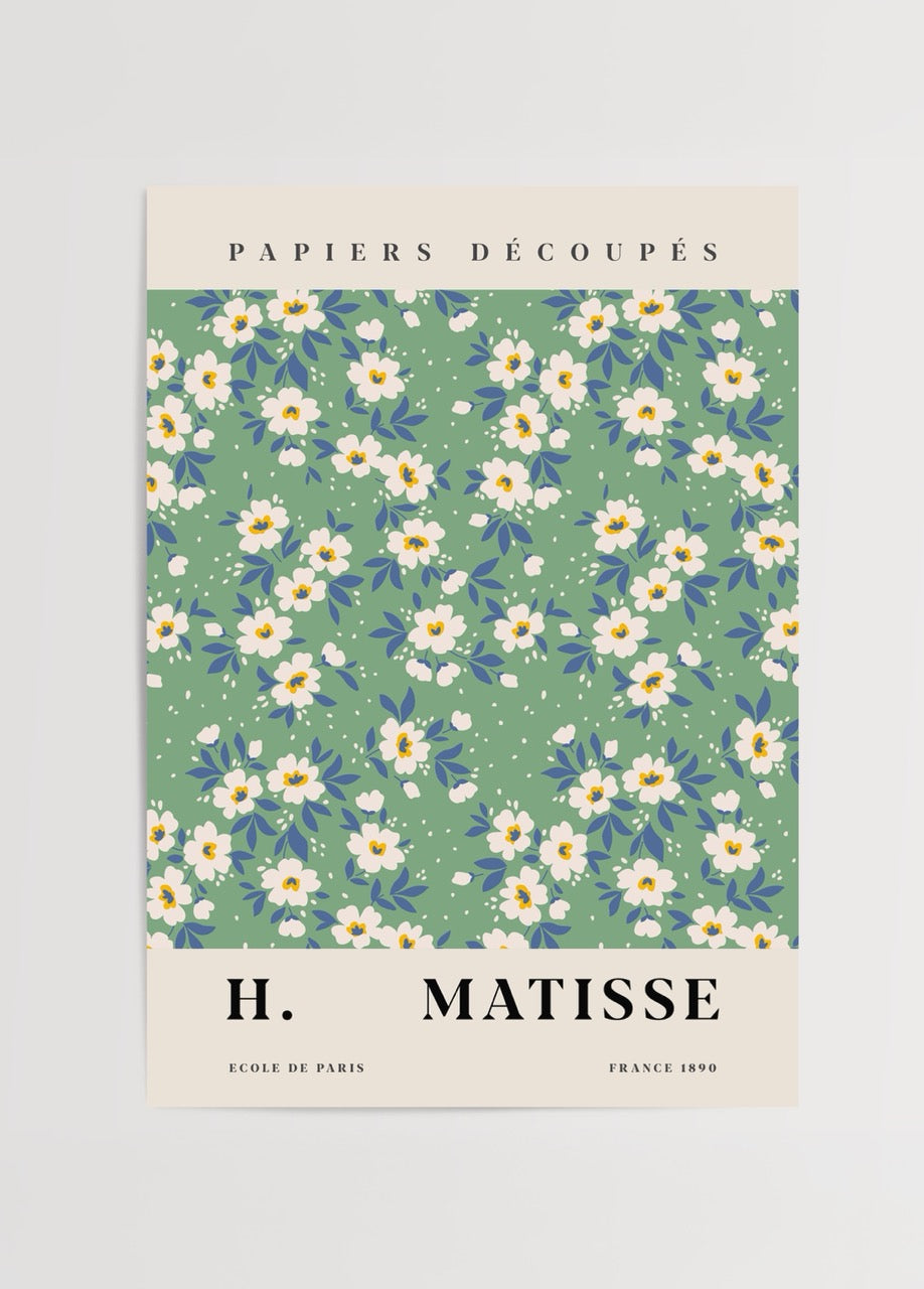 Yeşil zemin üzerinde beyaz ve mavi çiçek motifli Henri Matisse poster baskı