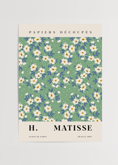 Yeşil zemin üzerinde beyaz ve mavi çiçek motifli Henri Matisse poster baskı