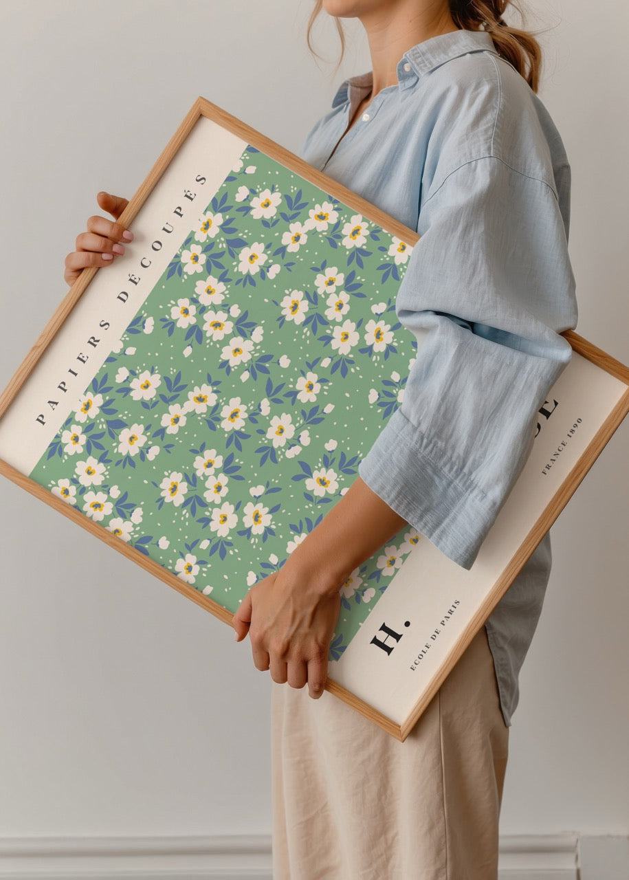 Yeşil zemin üzerinde beyaz ve mavi çiçek motifli Henri Matisse poster baskı