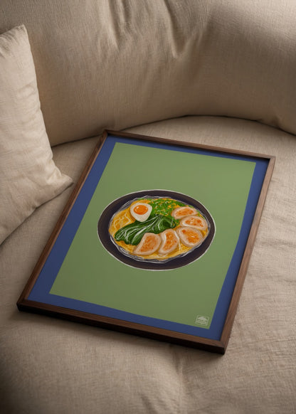 İmge Akbulut’un ramen kasesi illüstrasyonu, yumurta, sebze ve dumpling detaylı renkli poster