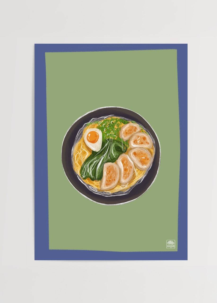 İmge Akbulut’un ramen kasesi illüstrasyonu, yumurta, sebze ve dumpling detaylı renkli poster