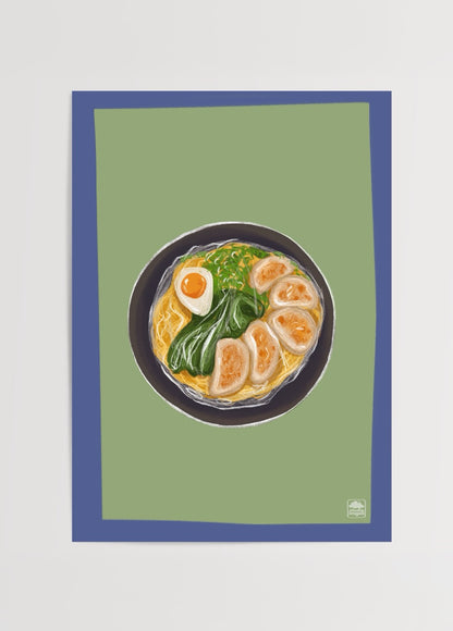 İmge Akbulut’un ramen kasesi illüstrasyonu, yumurta, sebze ve dumpling detaylı renkli poster