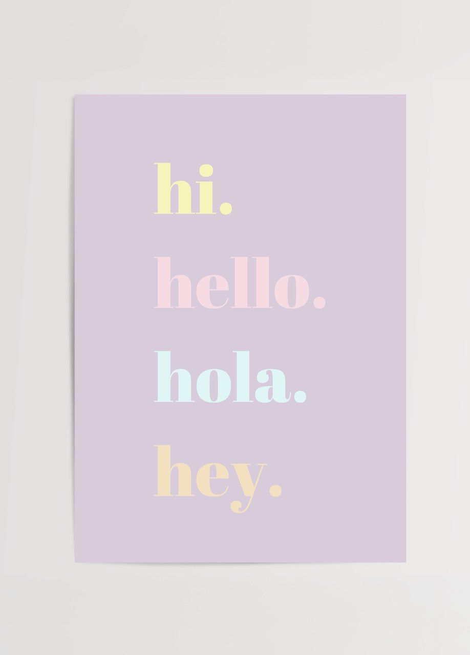 Hi Hello Hola Hey yazılı pastel renkli tipografi poster tasarımı