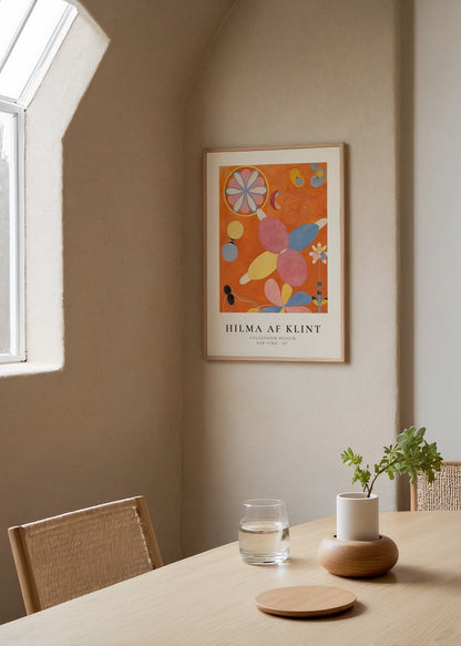 Hilma af Klint tarzında renkli geometrik ve spiritüel semboller içeren soyut sanat posteri