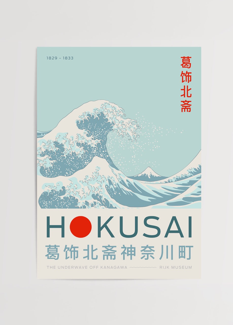 Hokusai Büyük Dalga Japon sanatı ukiyo-e stilinde mavi tonlu poster baskı