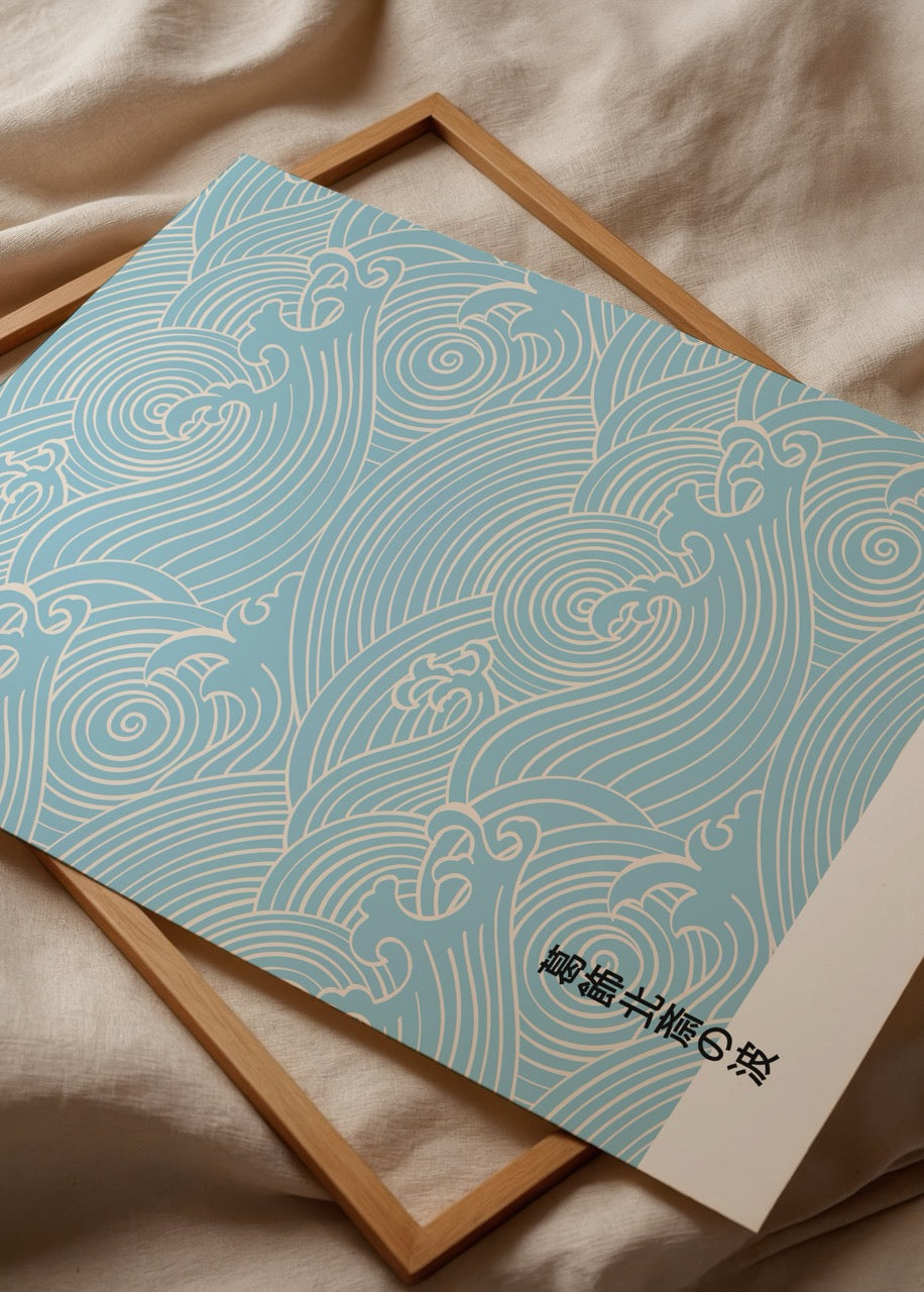 Hokusai dalgalarından ilham alan Japon minimalist mavi poster baskı