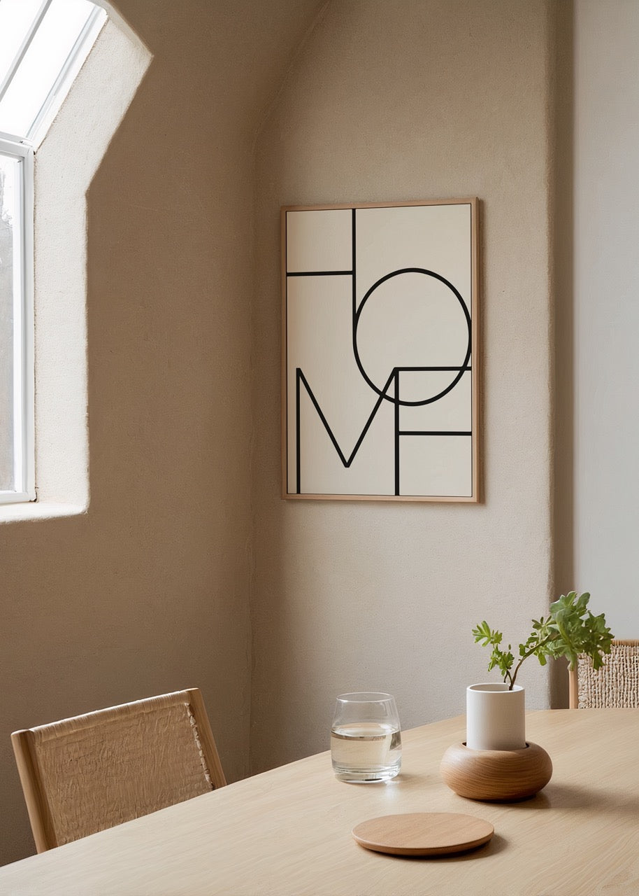 Siyah çizgilerle geometrik tipografik &quot;HOME&quot; yazılı minimal siyah beyaz poster