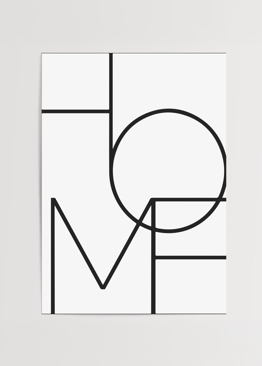Siyah çizgilerle geometrik tipografik &quot;HOME&quot; yazılı minimal siyah beyaz poster