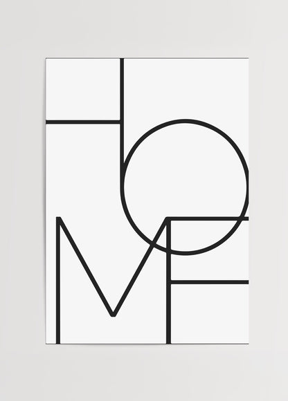 Siyah çizgilerle geometrik tipografik &quot;HOME&quot; yazılı minimal siyah beyaz poster