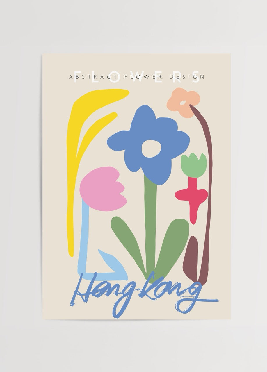 Soyut çiçek çizimli, pastel renkli Hong Kong temalı poster tasarımı