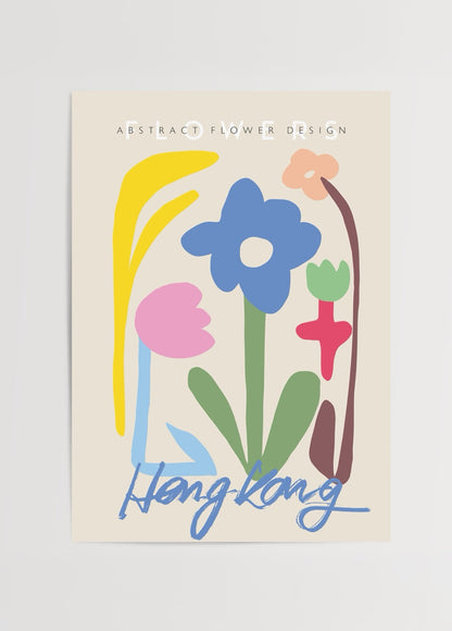 Soyut çiçek çizimli, pastel renkli Hong Kong temalı poster tasarımı