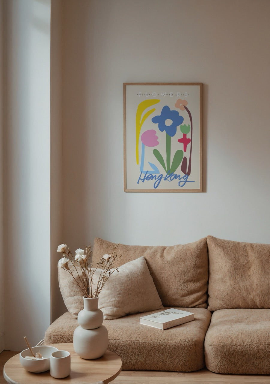Soyut çiçek çizimli, pastel renkli Hong Kong temalı poster tasarımı