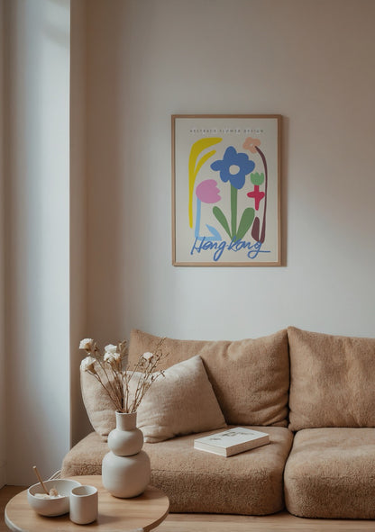 Soyut çiçek çizimli, pastel renkli Hong Kong temalı poster tasarımı