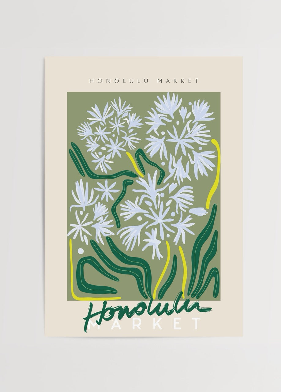 Yeşil zemin üzerinde beyaz çiçek desenleriyle tasarlanmış, tropikal doğa temalı Honolulu Market sanat posteri