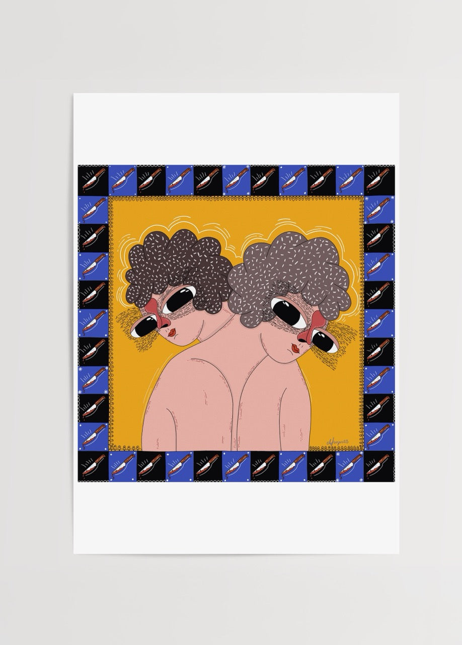 Sarı zemin üzerinde, sırt sırta duran iki figürün büyük gözler ve desenli saçlarla betimlendiği, çevresi motifli çerçeveyle sarılı illüstrasyon.