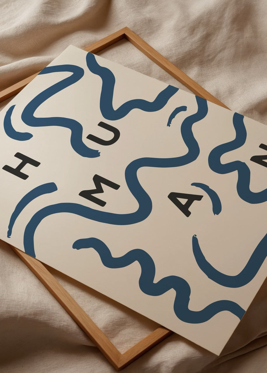 Human yazılı tipografik soyut mavi çizgili modern poster baskı