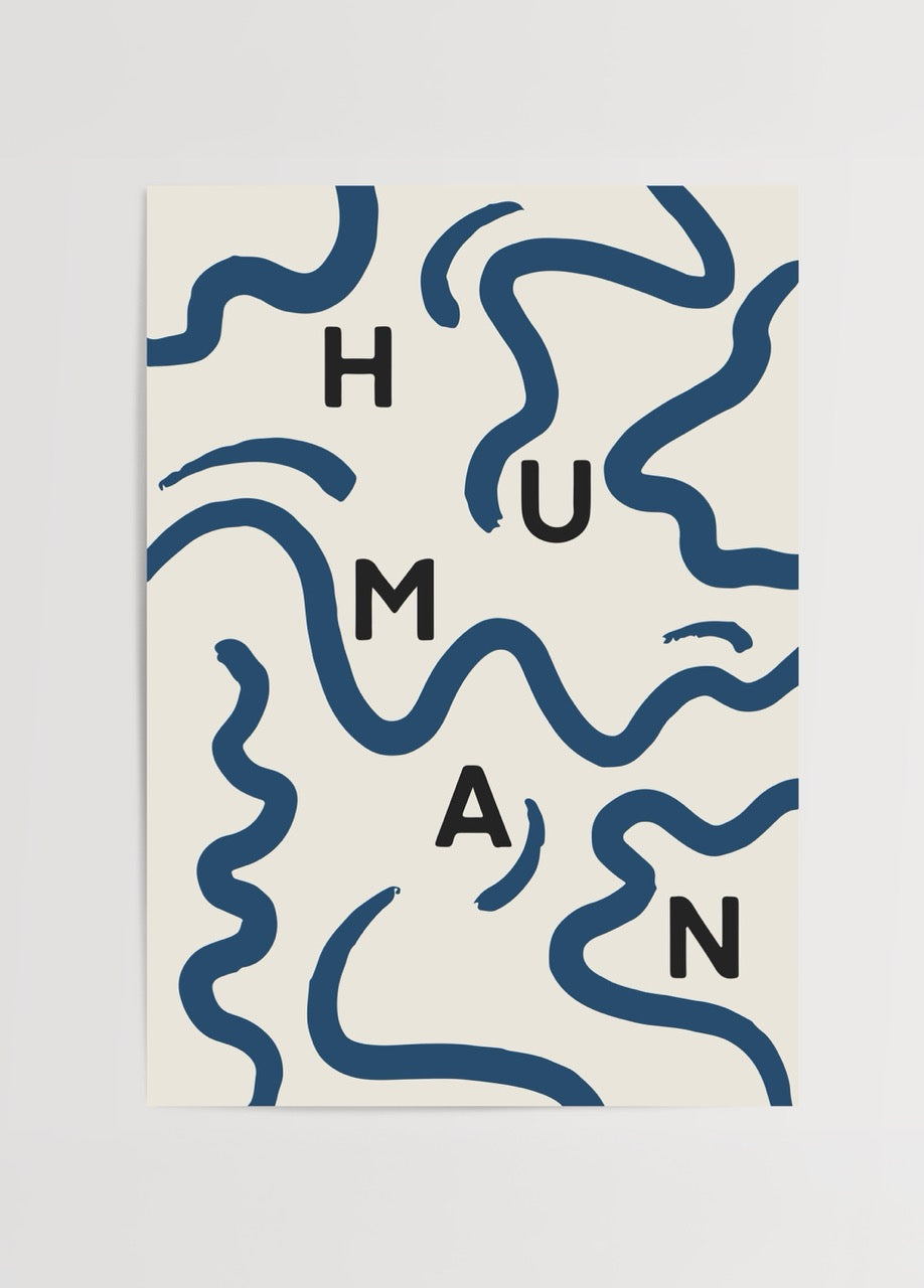 Human yazılı tipografik soyut mavi çizgili modern poster baskı