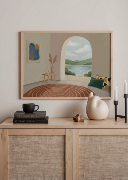 Elif Korkut’un doğaya açılan kemerli kapı manzarasını betimleyen Huzur Kapısı minimalist poster tasarımı.