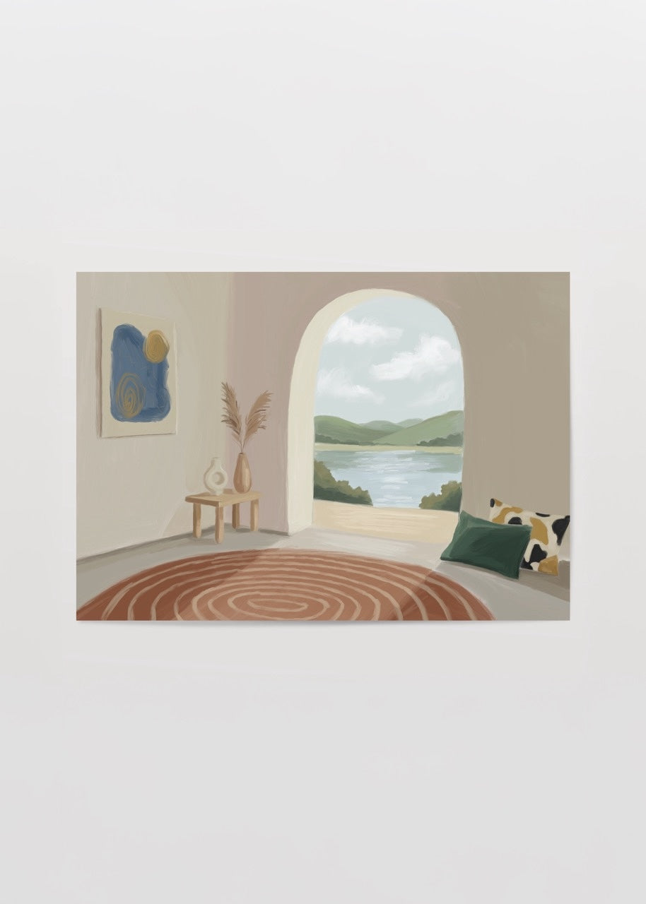 Elif Korkut’un doğaya açılan kemerli kapı manzarasını betimleyen Huzur Kapısı minimalist poster tasarımı.