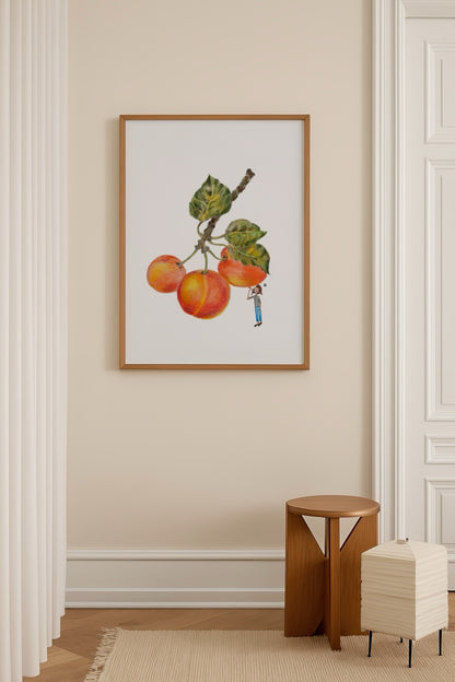 İlke Arseven’in “Fruity” adlı, dalında asılı renkli meyveler ve figürlü suluboya illüstrasyon posteri.