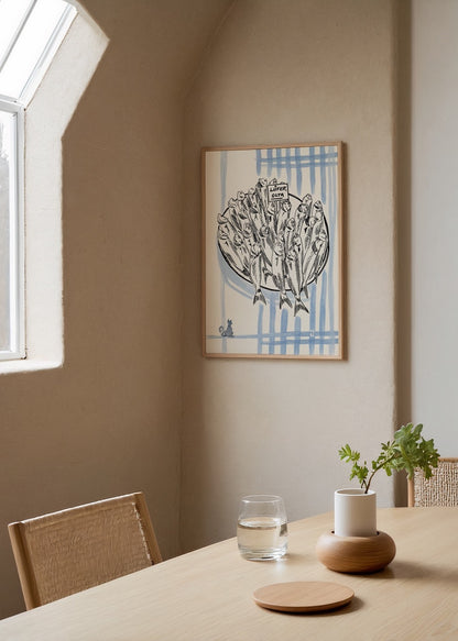 İlke Arseven’in Sardines adlı eseri – mavi fon üzerinde “Lüfer Olta” tabelalı illüstrasyon, modern deniz temalı sanat posteri