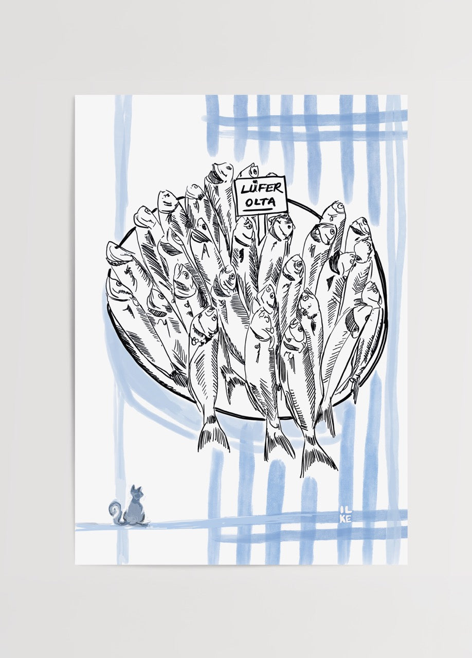 İlke Arseven’in Sardines adlı eseri – mavi fon üzerinde “Lüfer Olta” tabelalı illüstrasyon, modern deniz temalı sanat posteri