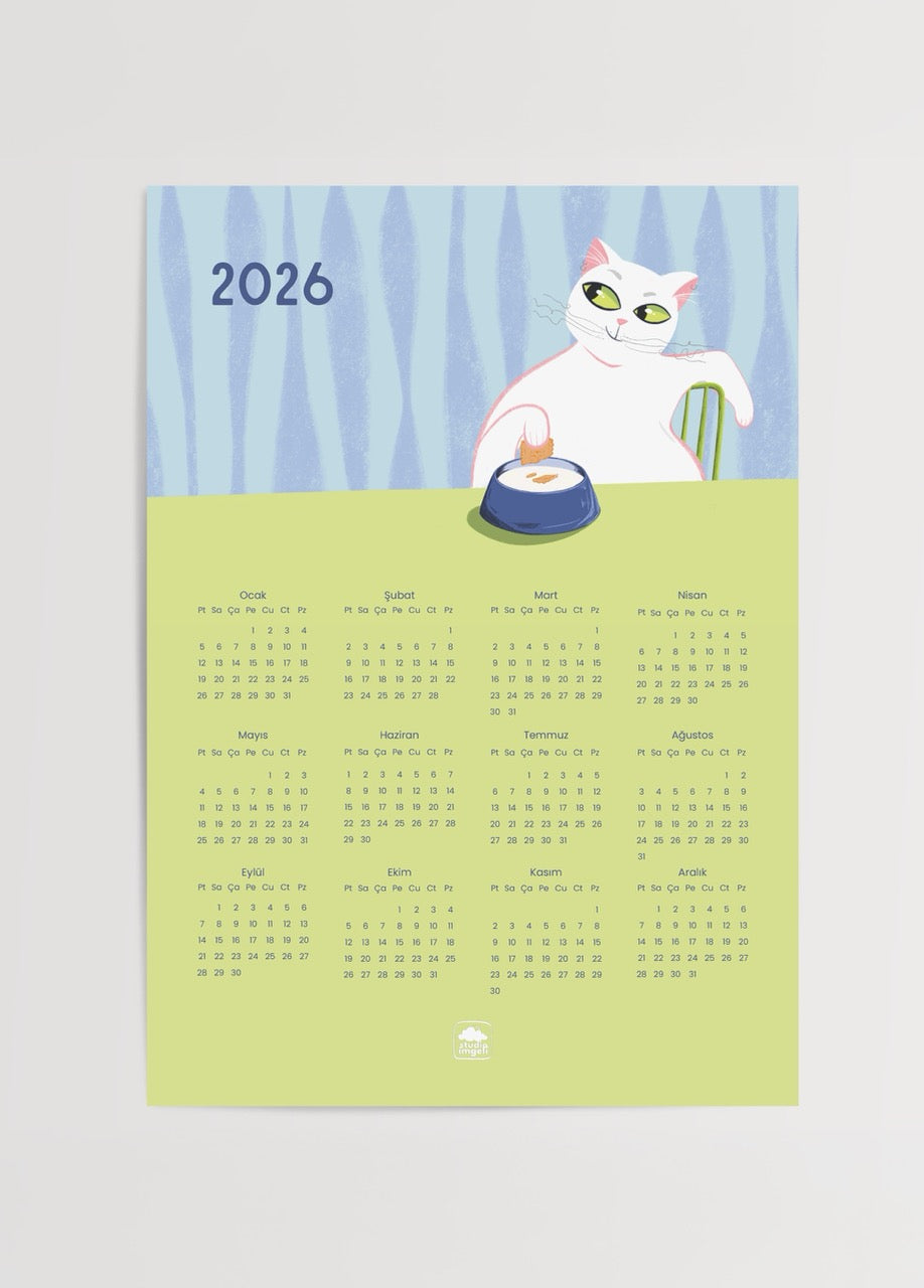 İmge tarafından çizilen kedi illüstrasyonlu 2026 takvim posteri, pastel tonlarda dekoratif tasarım.