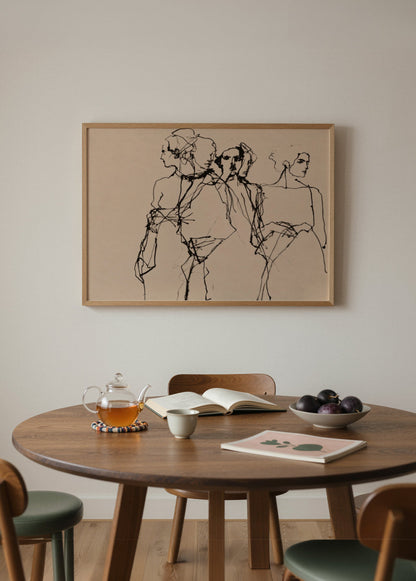 Açık zemin üzerinde siyah ince çizgilerle oluşturulmuş, üst üste geçen üç figürden oluşan soyut figüratif line art poster.