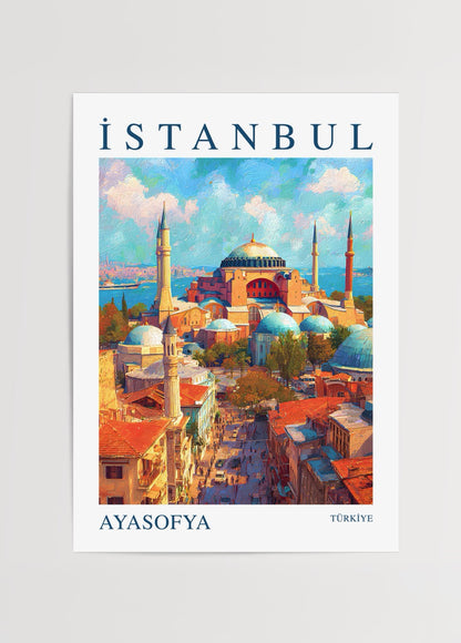 İstanbul Ayasofya posteri, tarihi yapının canlı renklerle resmedilmiş modern sanat illüstrasyonu